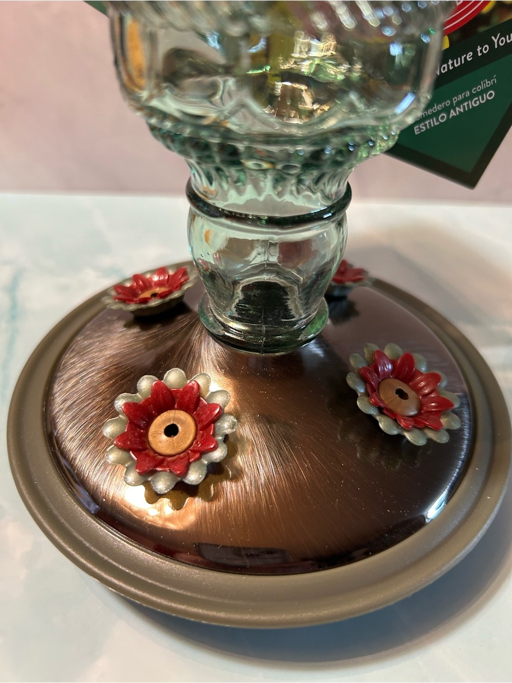 Antique-Style Green Glass and Bronze Hummingbird Feeder - Picture 2 of 5